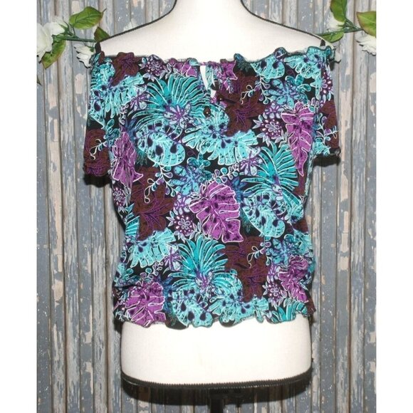 Lori Michaels Colorful Palm Print Top Blouse Size S Crop Short Sleeve Elastic Wa - Picture 5 of 10